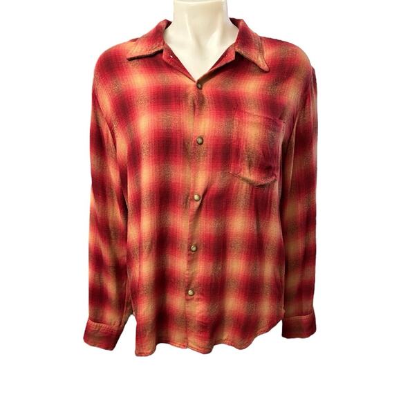 Re/Done 60s Burgundy Tan Plaid Long Sleeve Flannel Shirt Size S - Picture 4 of 9